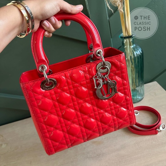 ❌SOLD❌EUC Christian Dior Lady Medium Patent Red Orange Silver HW - Picture 2 of 16